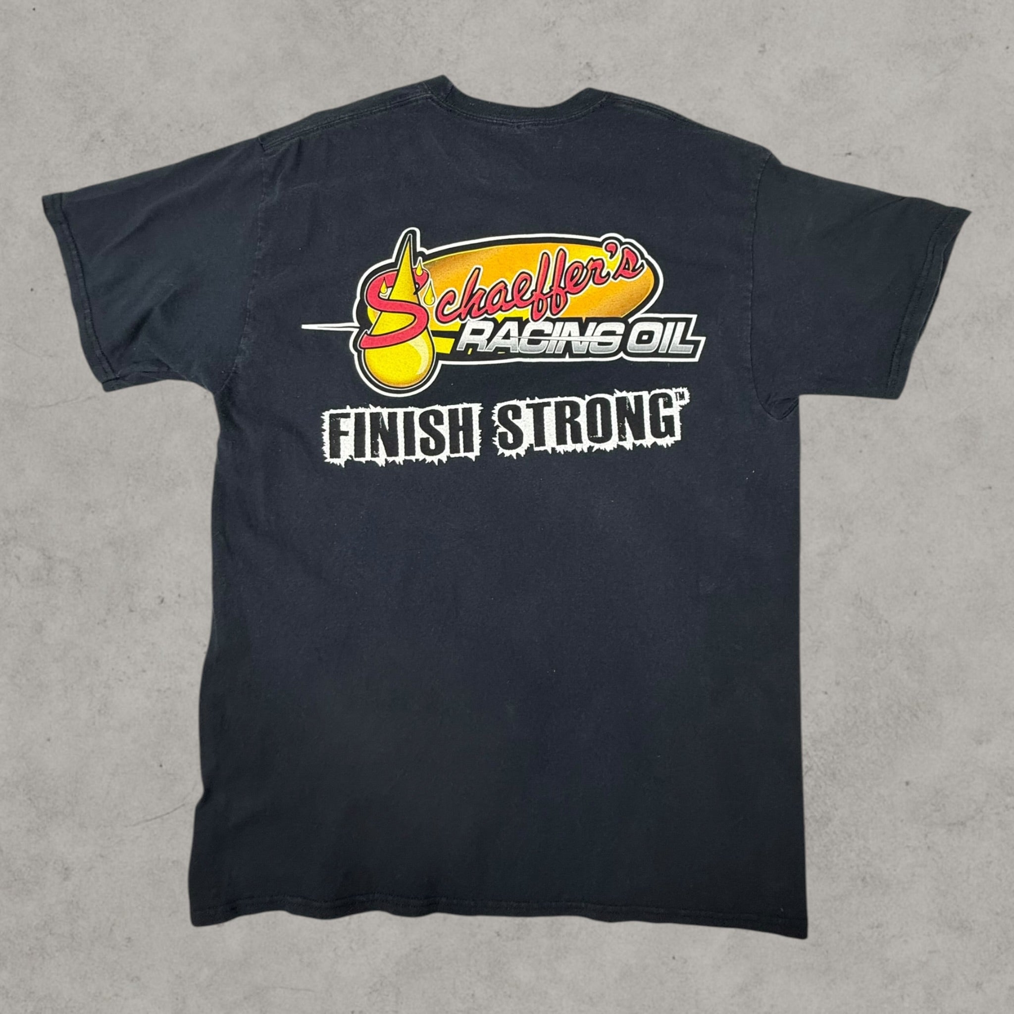 T-Shirt Schaeffers Racing Vintage Black Graphic Motorsport Tee Size L